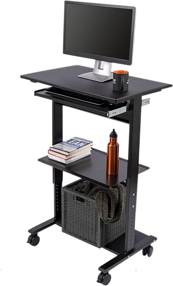Stand Up Desk Store Mobile Rolling Adjustable Height Standing Workstation with Printer Shelf and Slideout Keyboard Tray (Black Frame/Black Top, 30" Wide) by SStandUpDeskStore