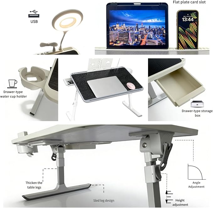 Foldable and Adjustable Laptop Bed Table with Hidden Drawer, Cup Holder, USB Voice-Controlled Night Light, White 23.6"x15.7", Suitable for Working, Gaming, and Other uses on Bed and Sofa - Image 3