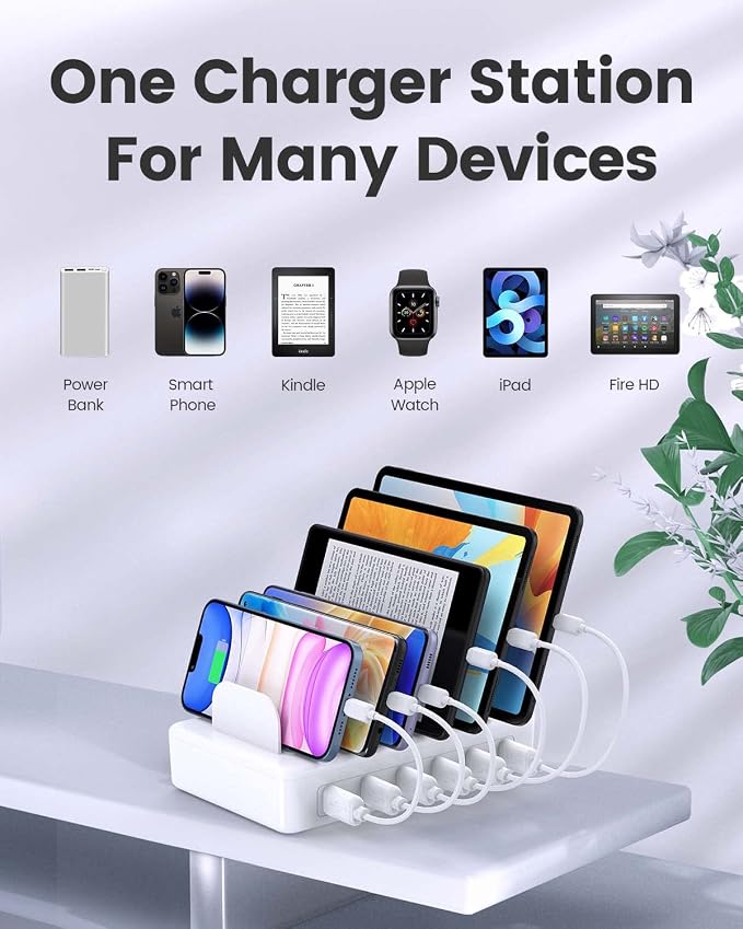 50W Charging Station for Multiple Devices, 6 Port Multi USB Charger Station | with 6 Cables,1 USB-A to USB-C Adapter Converter, Compatible with iPhone,iPad Kindle Tablet and Other Electronic（White) - Image 5