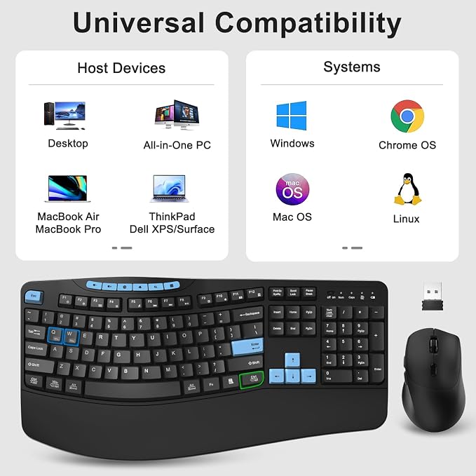 Wireless Keyboard and Mouse Combo, 2.4G Ergonomic Wave Keys(Blue Black) | Full Size Keyboard with 6 Multimedia Keys, Ergonomic Keyboard with Wrist Rest, 3-Level DPI Silent Mouse for Windows/Laptop/PC - Image 8