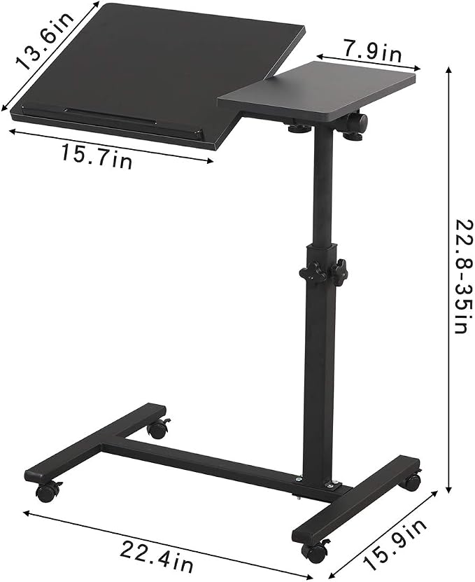 TigerDad Overbed Bedside Desk Mobile Rolling Laptop Stand Tilting Overbed Table with Wheels Height Adjustable Tray Table for Laptop Bed Sofa Side Table, Home & Hospital Use (Black) - Image 3