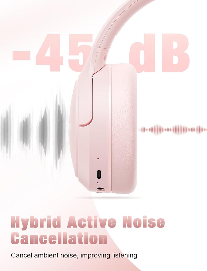 RUNOLIM Hybrid Active Noise Cancelling Headphones, Wireless Over Ear Bluetooth Headphones with Microphone, 100H Playtime, Foldable Headphone with HiFi Audio, Deep Bass for Home Travel Office（Pink） - Image 2