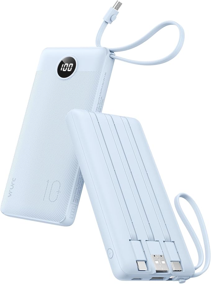 VRURC Portable Charger Power Bank, Built-in 4 Cables & 2 Ports 10000mAh | LED Display Slim Battery Pack,Compact Travel Essential Portable Phone Charger 5 Output for Multi Devices,Student/Teens(1Pack) by Home
