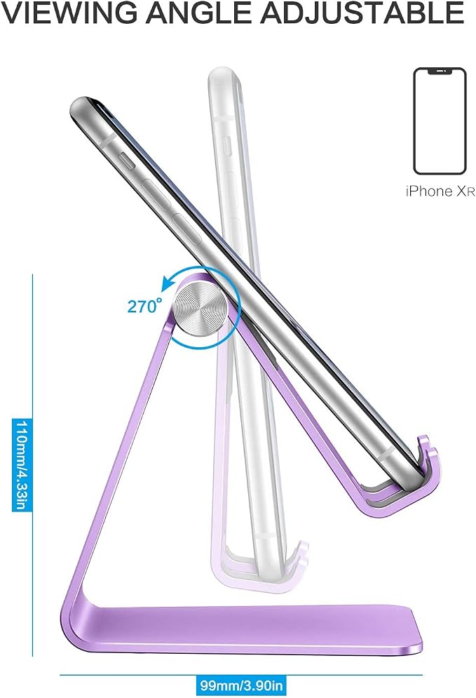 OMOTON C2 Adjustable Aluminum Cell Phone Stand with Charging Cutout, Purple | Sturdy 3mm Aluminum, Charging Port, 270° Adjustable, Non-Slip Silicone Pads, Works with Thick Cases, for All Smartphones - Image 3