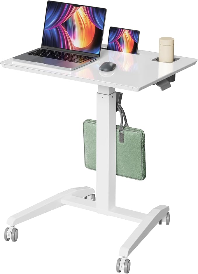 Glass Mobile Rolling Standing Desk on Lockable Wheels, White | 27inch Portable Laptop Workstation Height Adjustable with Cup Holder, Slot, Hook, Pneumatic Rising Cart for Writing, Drawing by GIBBONMOUNTS