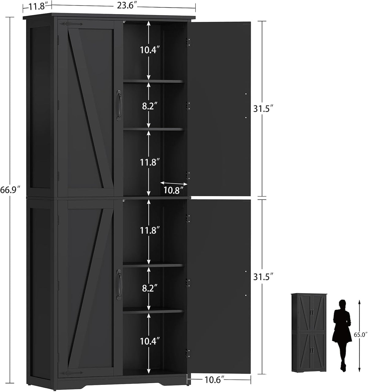 Tall Pantry Cabinet with 4 Doors & 2 Adjustable Shelves, Kitchen Cabinet - Image 2