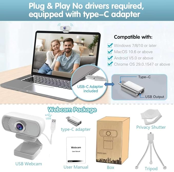 USB c Webcam with Microphone,1080P HD Web Camera for Computer PC Laptop | PC Webcam with Cover&Tripod,110°FOV Wide Angle,Plug&Play Streaming Camera for Switch 2 Laptop Mac Zoom,Teams,Twitch Gaming - Image 6