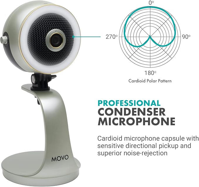 Movo WebMic HD Pro All-in-One Webcam with Mic and Ring Light in Silver- 1080p HD Camera, Pro Cardioid Condenser Microphone, LED Ring Light -HD Webcam for Streaming, Video Calls, Recording, Gaming - Image 5
