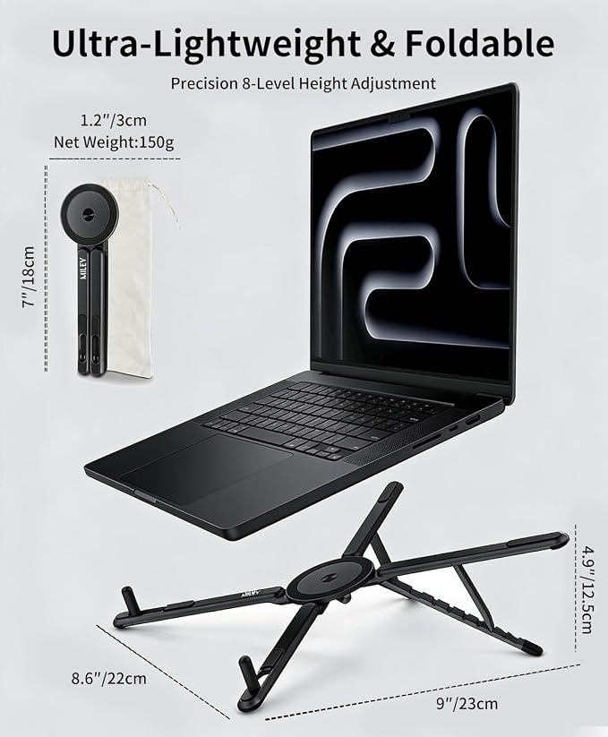 miley Laptop Stand for Desk, 8-Level Adjustable, Magnetic Phone Mount Black | For 13–17 in laptops. Aluminum build, anti-slip support and fold-flat portability. Includes a magnetic ring and carry bag. - Image 3