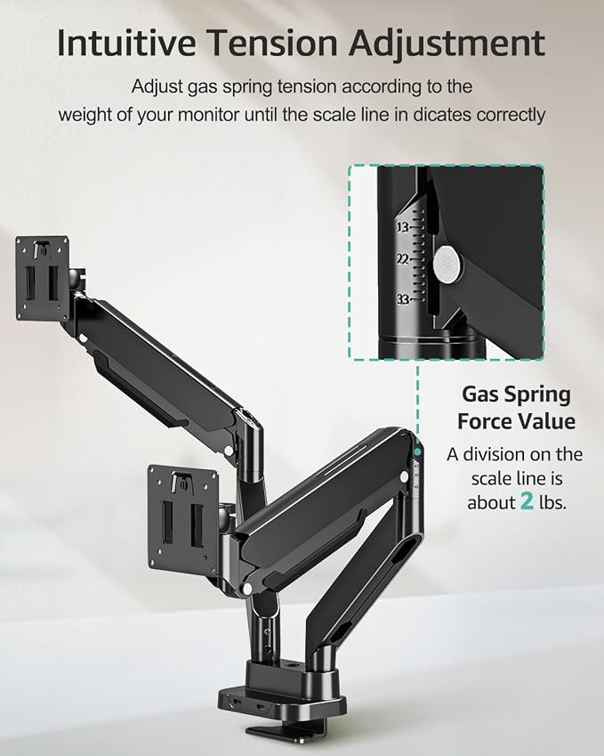 MOUNT PRO Dual Monitor Desk Mount for 39" Ultrawide Screen up to 33lbs, Heavy Duty Monitor Arm Double Gas Spring Arms for 2 Monitors, Adjustable Computer Monitor Stand with USB, VESA 75x75 100x100 - Image 7