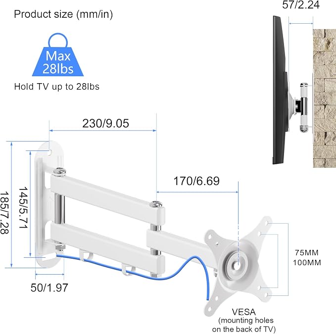 Suptek TV Wall Mount Swivel Tilt Rotation Full Motion Adjustable Articulating for Most 15-32 inch LED, LCD Monitor Wall Mount VESA 75,100, White (MA2720W) - Image 5