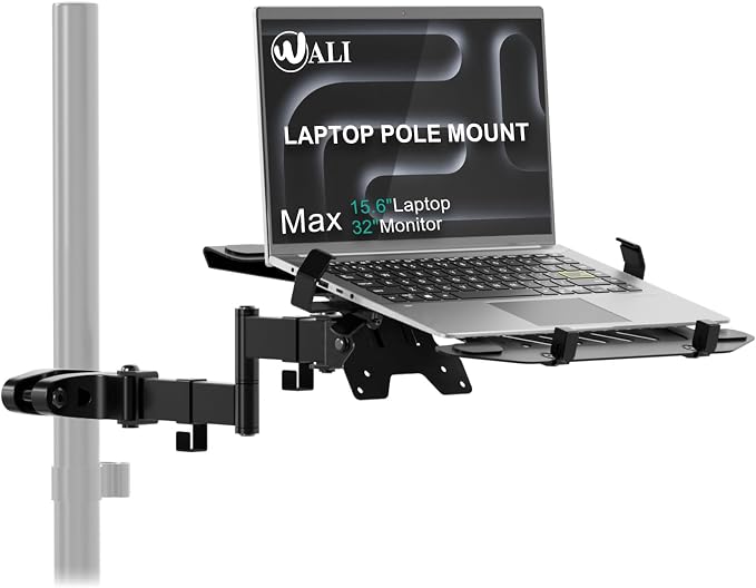WALI Laptop Pole Mount, Adjustable Laptop Arm Holder Fits 10"-15.6" Laptops, 2-in-1 Full Motion Monitor Mount with Removable Tray, VESA 75x75 or 100x100 mm, Holds up to 15.4lbs(011ARMLPN), Black by WALI