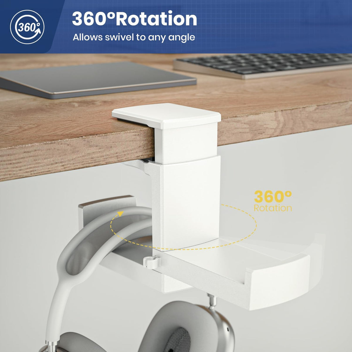 Dual Headphone Stand Holder - EURPMASK 2 in 1 PC Gaming Headset Hooks, 360 Degree Rotating Headphone Hanger with Adjustable Clamp & Cable Clip Organizer, Headset Mount Under Desk Earphone Clamp-White - Image 3