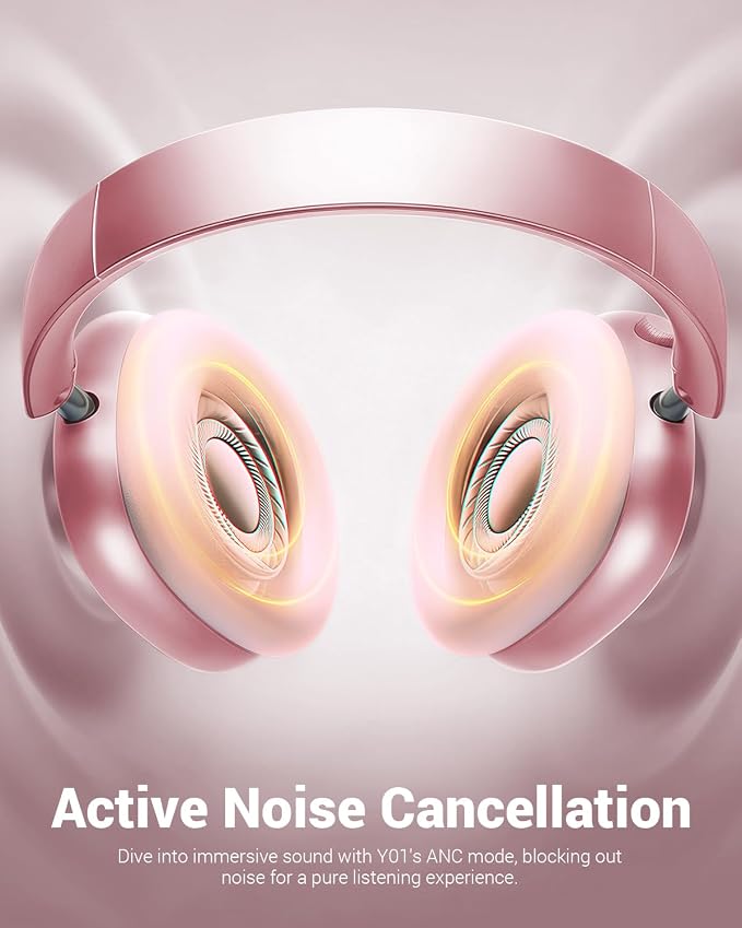Wentronic Y01 Wireless Noise Canceling Headphones Bluetooth 5.3 Over Ear Headphones with Microphone, Hi-Res Audio, 48H Playtime, Foldable Comfortable Earpads,Compatible with iOS,Android,PC, Pink - Image 3