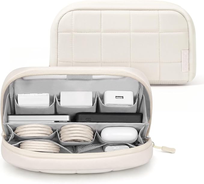 TOPEAST Quilted Cable Organizer Bag, Soft Tech Pouch & Travel Electronics Case with Elastic Pen Loop, Tangle-Free Cord Organizer for Women, Office Desk, AirPods, Chargers & Accessories, Beige by TOPEAST