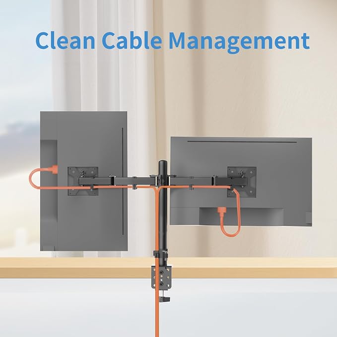 Dual Monitor Mount for 17-27 Inch Monitors up to 17.6 lbs, Desk Clamp | ±45° Tilt | ±90° Swive l 360° Rotation | Height Adjustable | C-Clamp Mount | Cable Management | VESA 75×75/100×100 mm - Image 8