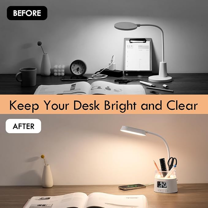 WILIT LED Desk Lamp for Home Office with Pen Holder, RGB Night Light, White | Table Lamp for Bedroom with USB Charging Port & Clock, Study Lamp for Kids Girls, Desk Light for College Dorm Room Essentials - Image 6