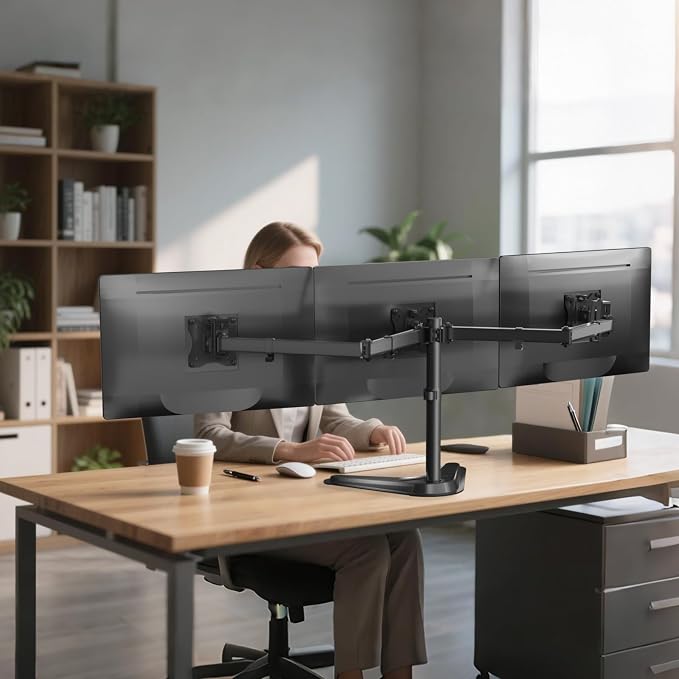 WALI Freestanding Triple Monitor Stand for 13-27 inch Screens，22lbs per Arm | Articulating 3 Monitor Desk Mount, Full Motion with Tilt, Swivel, Rotation, C-Clamp & Grommet Base, VESA 75/100mm (MF003N) - Image 7