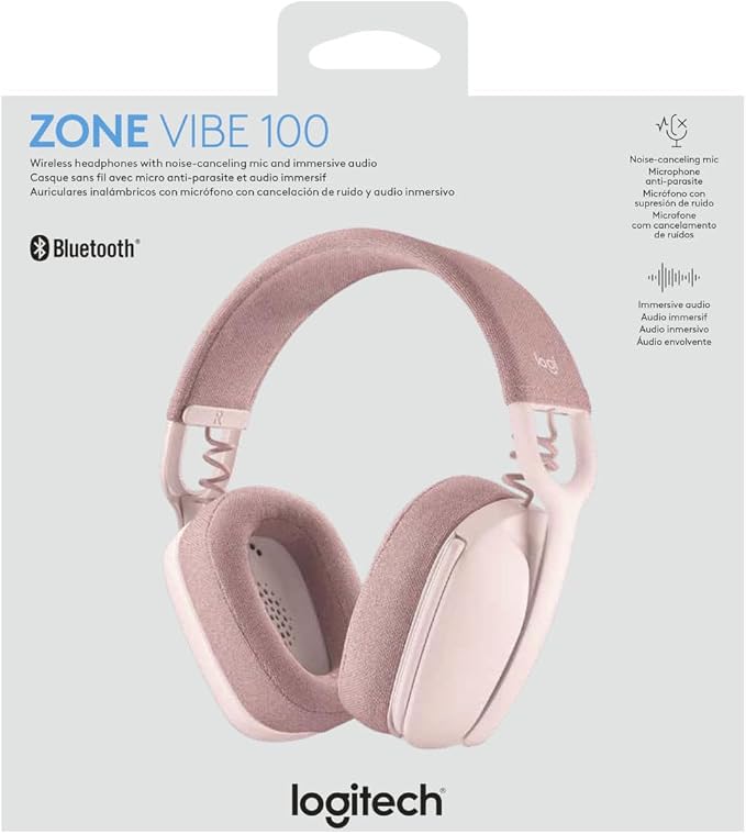 Logitech Zone Vibe 100 Lightweight Wireless Over Ear Headphones - Rose | Lightweight, over ear, multipoint Bluetooth, works with Teams, Google Meet, Zoom, Mac/PC, noise canceling microphone - Image 11