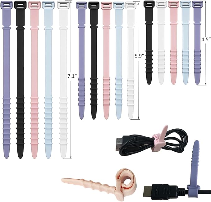 Silicone Zip Ties, Reusable Zip Ties, Rubber Cable Ties Straps for Wire Management, Elastic Silicone Ties Cable Organizer for Home Office, Cord Ties Three Sizes 4.5" 5.9" and 7.1"(5+5+5Pcs Multicolor) by GELIAL