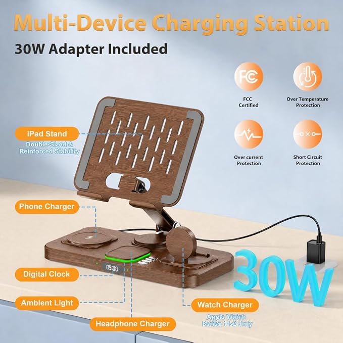 Wireless Charging Station for Apple Devices, Only for Apple Watch Charging | Included Type-C Cable for Tablet Charging, Foldable Wireless Charging Station, Cycling Ambient Lights, Time Clock Display - Image 2