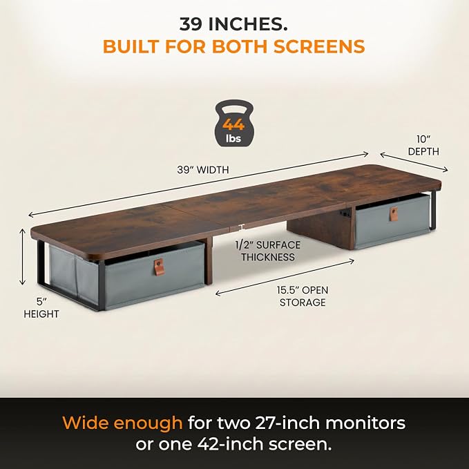 DuoStand Plus - 39” Dual Monitor Riser for Desk with 2 Drawers - Wood & Steel Double Monitor Stand with Storage - Desk Organizer Shelf for Desktop Computer, Laptop, TV & Printer (Rustic Wood) - Image 5
