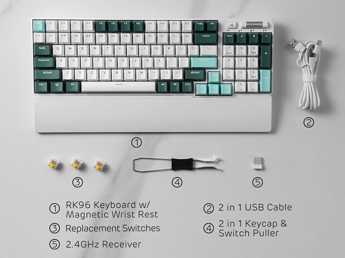 RK ROYAL KLUDGE RK96 RGB Wireless Mechanical Gaming Keyboard w/Wrist Rest | 90% 96 Keys Hot Swappable Mechanical Keyboard, 3-Mode BT5.0/2.4G/USB-C, Volume Control, Software Support & Massive Battery - Image 8