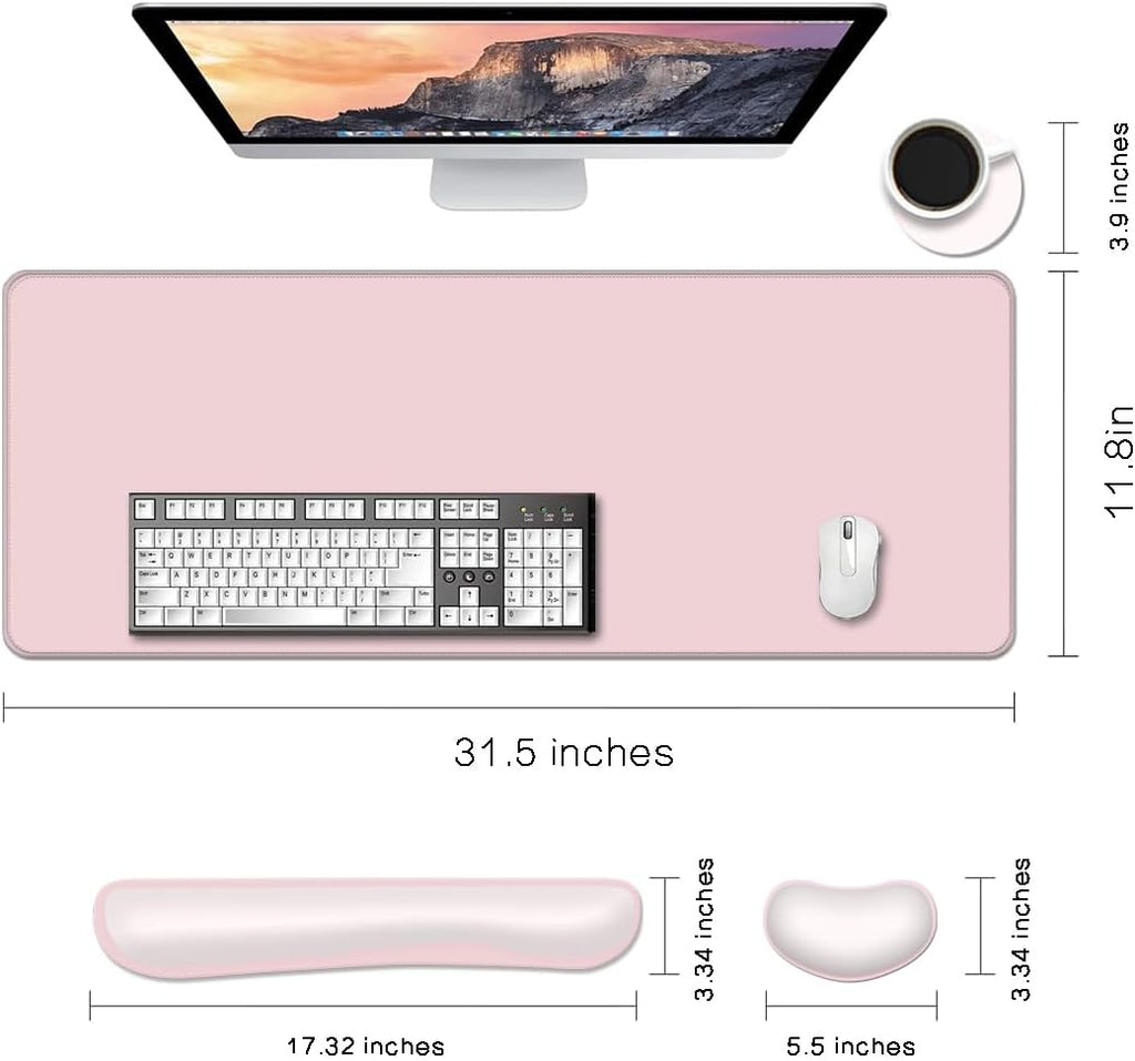 Desk Mat, Large Gaming Mouse Pad with Wrist Rest, 4 in1 XXL Mouse pad+Keyboard Wrist Rest+Mouse Pad Wrist Support+Cup Coaster Set, Ergonomic Desk Pad for Home Office, Pink - Image 2