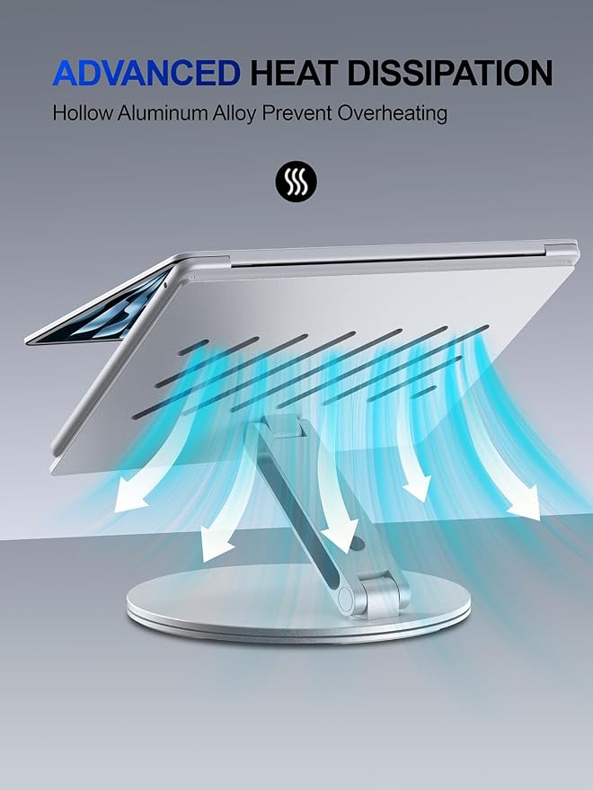 YICOSUN Laptop Stand for Desk, 360° Rotating Height Adjustable Computer Stand, Ergonomic Aluminum Laptop Riser with Ventilated Cooling, Foldable for 10-16 inch MacBook Pro Air Neo Dell HP - Silver - Image 5