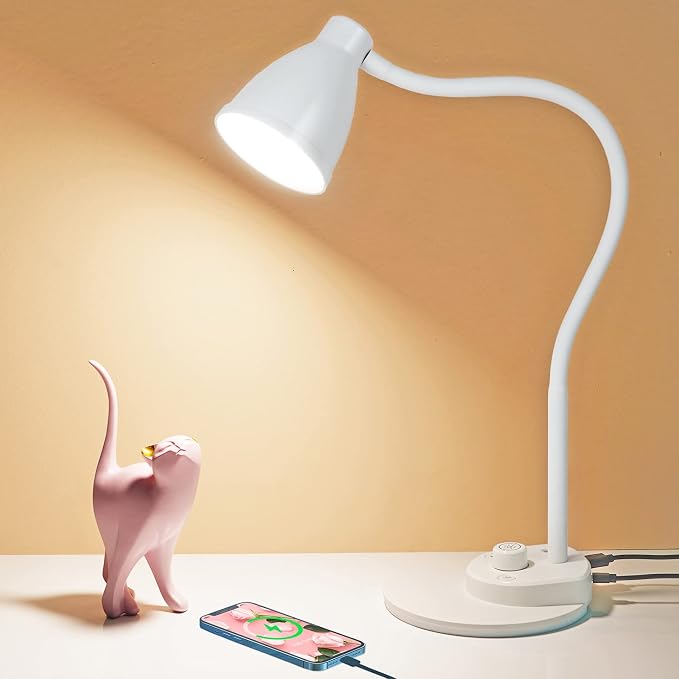 BOHON LED Desk Lamp with USB Charging Port, 3 Color Modes Dimmable, White | Reading Lamp, Auto Dimming Task Lamp, Flexible Neck Table Light for Dorm Bedside, Adapter Include by BOHON