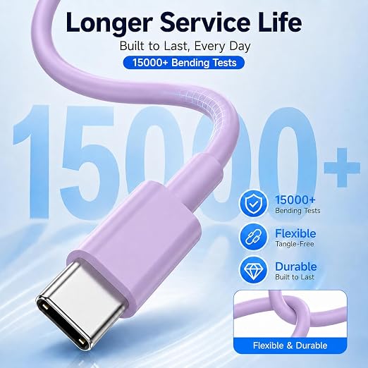 chcela 60W USB C to C Cable 3 Pack 6FT PD 3.0 Fast Charging Cord -Purple | Reliable 60W PD 3.0 USB-C cables support fast charging and data sync for iPhone 17, Galaxy S26,MacBook Air/Pro and iPad Pro - Image 3