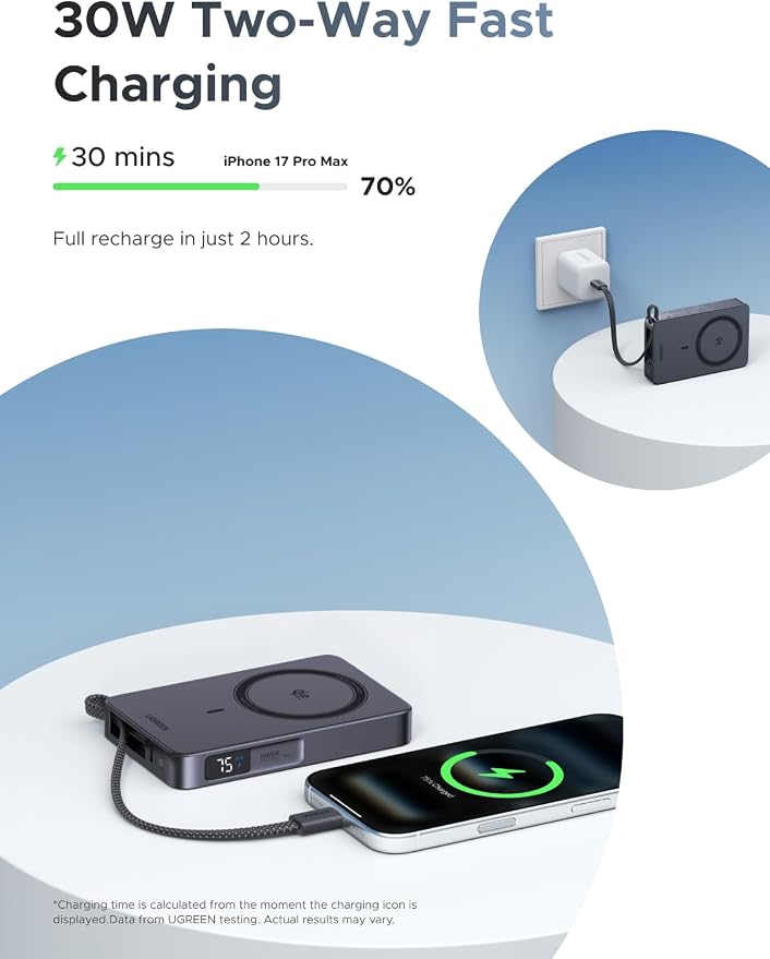 UGREEN MagFlow 10000mAh Qi2 25W Wireless Power Bank Built-in Cable | Qi2 25W wireless, built-in cable, 30W PD wired. MagSafe compatible. Grey. for iPhone 17/12 - Image 3