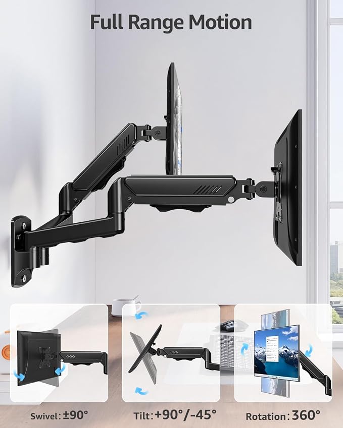 MOUNTUP Dual Monitor Wall Mount for 2 Max 32 Inch Computer Screen, Fully Adjustable Double Monitor Arm, Wall Mounted Monitor Holder Support 4.4-19.8lbs Display, VESA Bracket 75x75, 100x100 - Image 3