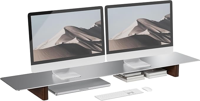 Aluminum Dual Monitor Stand Riser, Ergonomic Desktop Shelf with Wooden Legs - 42.5” Wide Heavy Duty Computer Stand for Home Office, Desktop Monitor Riser for PC, iMac, MacBook, Laptop by CHENOMiNL
