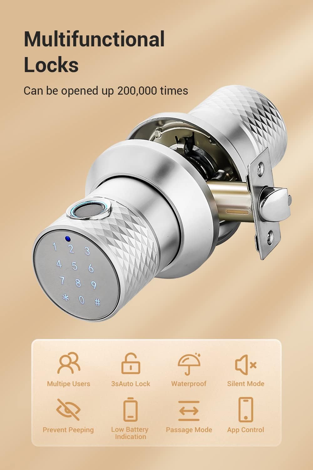 Buoan Big Fingerprint Smart Door Knob, Keyless Entry Door Lock with Keypad - Image 2