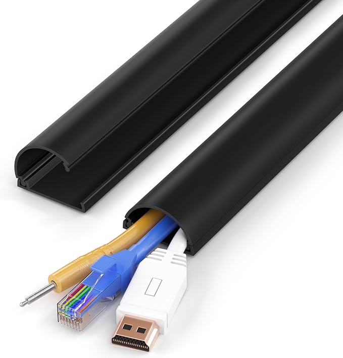 ZhiYo 34in Cord Hider for 2-4 Wall-Mounted TV Wires, 1.4" W x 0.7" H, Black | Split-Hinge Design for Easy Installation, Half-Round Glazed Finish Ideal for Wall/Baseboard, Self-Adhesive, 2 Pack (17" Each) by ZhiYo