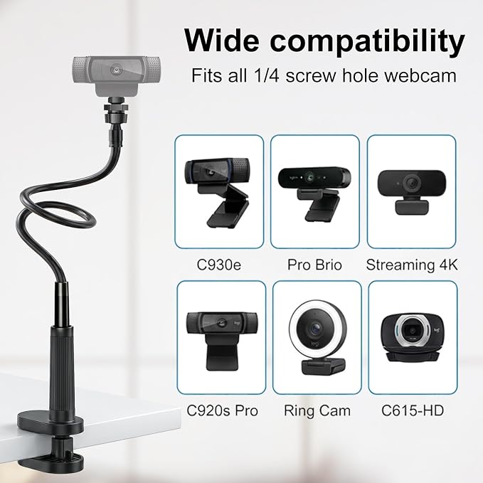 Webcam Stand Camera Desk Mount with Phone Holder for Logitech C922 GoPro | 36" Flexible Webcam Stand, Thick Base & Clamp Mount | Compatible with Logitech C930e/C930/C920/C922x/Brio 4K & GoPro Hero 8-4 - Image 2