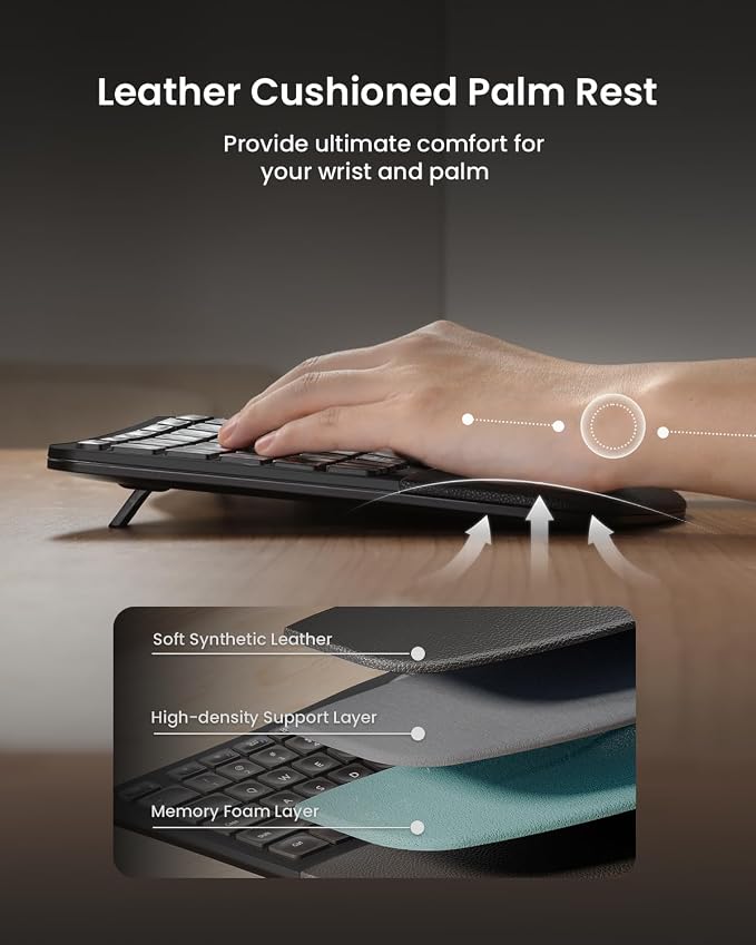 ProtoArc EKM01 Plus Wireless Ergonomic Keyboard Mouse Combo - Black | Full-size Split Keyboard with Cushioned Wrist Rest, Ergonomic Mouse, 3-Device Bluetooth/2.4G, USB-C Rechargeable - Image 3