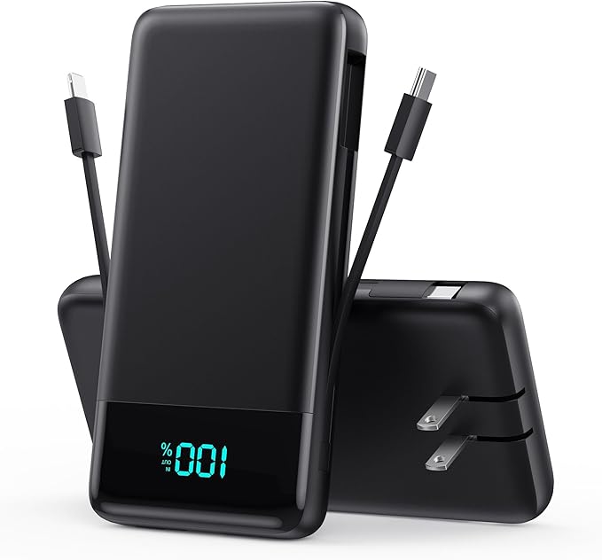 Portable Charger Power Bank for iPhone with Built-in Cables and AC Wall Plug, 13800mAh Ultra Slim Travel Essentials,USB C Fast Charging External Battery Pack for iPhone 17/16/15/13,Galaxy,Android etc by FOCHEW