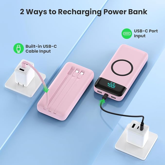 YHO Wireless Portable Charger 40800mAh for iPhone with Built-in Cables, Wireless Charging USB C Power Bank,25W PD Fast Charging Travel Essential Battery Pack for iPhone 17/16/15,Android-Pink - Image 4