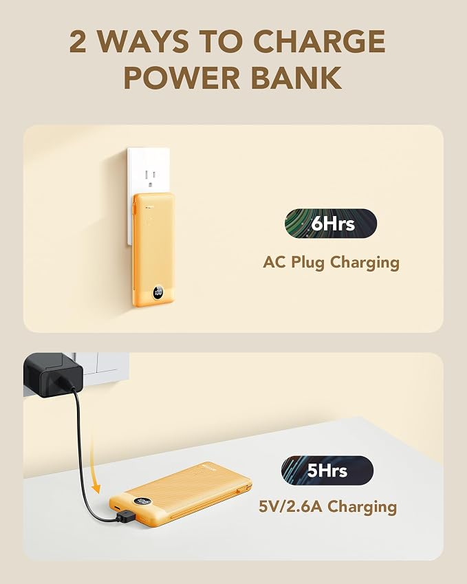 VRURC Portable Charger, Power Bank Built-in Cables and AC Wall Plug | USB C Power Bank 10000mAh Travel Essentials Phone Charger Compact External Battery Pack For Smart Phones, Tablets etc-Orange - Image 5