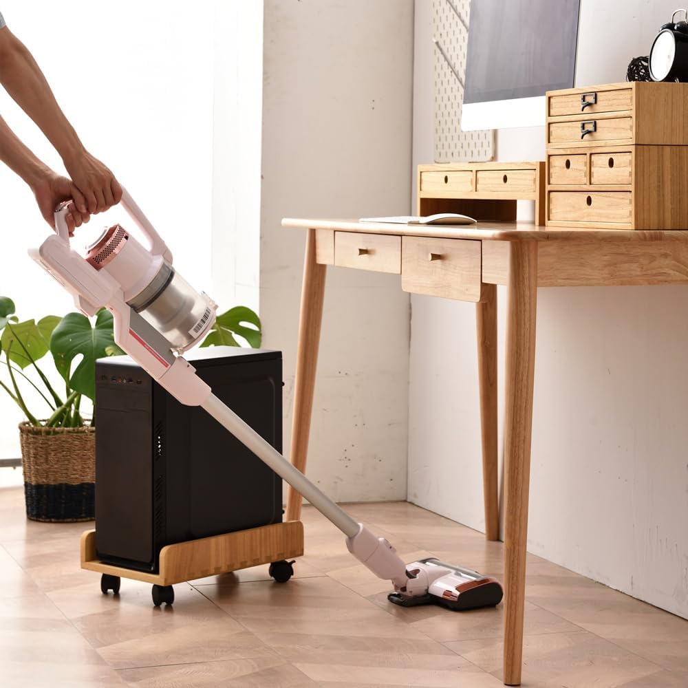 KIRIGEN Wood Computer Tower Stand with Wheels, Rolling PC Cart, Natural - Image 8