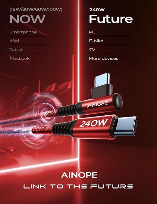 AINOPE 240W USB C to USB C Cable 6.6ft, C to C Type Fast Charging Cable for MacBook&iPad Pro, Samsung S23/22/21/20, Red - Image 5