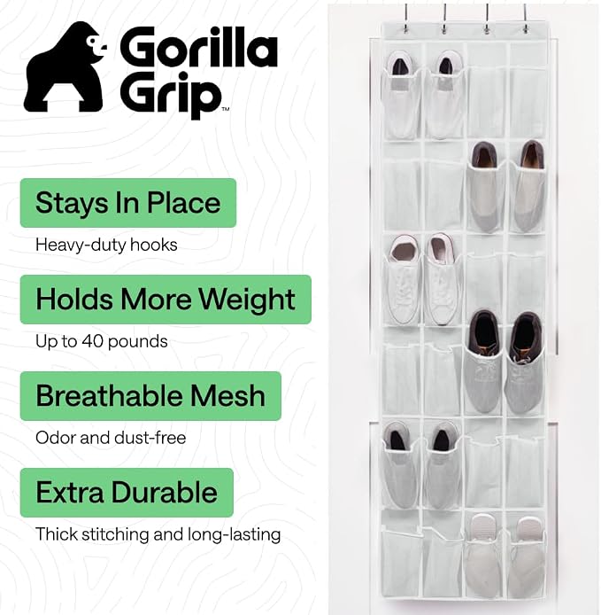 GORILLA GRIP Over the Door Shoe Organizer, 24 Large Pockets, White 2 Pack | Breathable Mesh Pocket, Space Saving Hanging Storage Holder, Closet Rack Hanger for Shoes, Pantry and Bathroom Accessories - Image 2