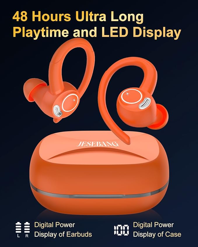 Wireless Earbuds, Bluetooth 5.4 Headphones Sport Over Ear Buds with ENC Mic | Noise Cancelling Mic,48H, Wireless Earphone With Earhooks, Stereo Deep Bass, IP7 Waterproof earbud for Workout Running,Orange - Image 5
