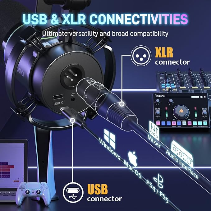 MAONO PD200X XLR/USB Dynamic Microphone, RGB Gaming Mic with Software | PC Mic with Mute, Gain Knob, Volume Control and Headphone Jack for Gaming, Streaming, Podcasting, Recording - Image 6