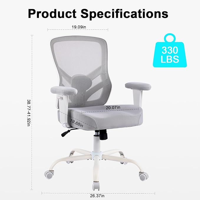 YFO Ergonomic Office Chair, Mesh Computer Desk Chair with Adjustable Back Lumbar Support and Armrests, Comfy Executive Rolling Swivel Task Chair for Home Office, Grey - Image 3