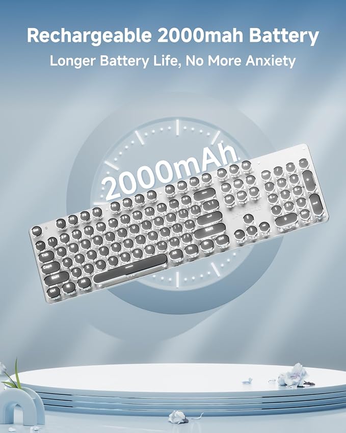 EWEADN TK950 Typewriter Keyboard Wireless Mechanical Keyboard, 104 Keys Aesthetic Typewriter Keyboards with White Backlit, Anti-Ghosting, Blue Switch Bluetooth/2.4GHz/Wired Cute keyboards-Black - Image 7