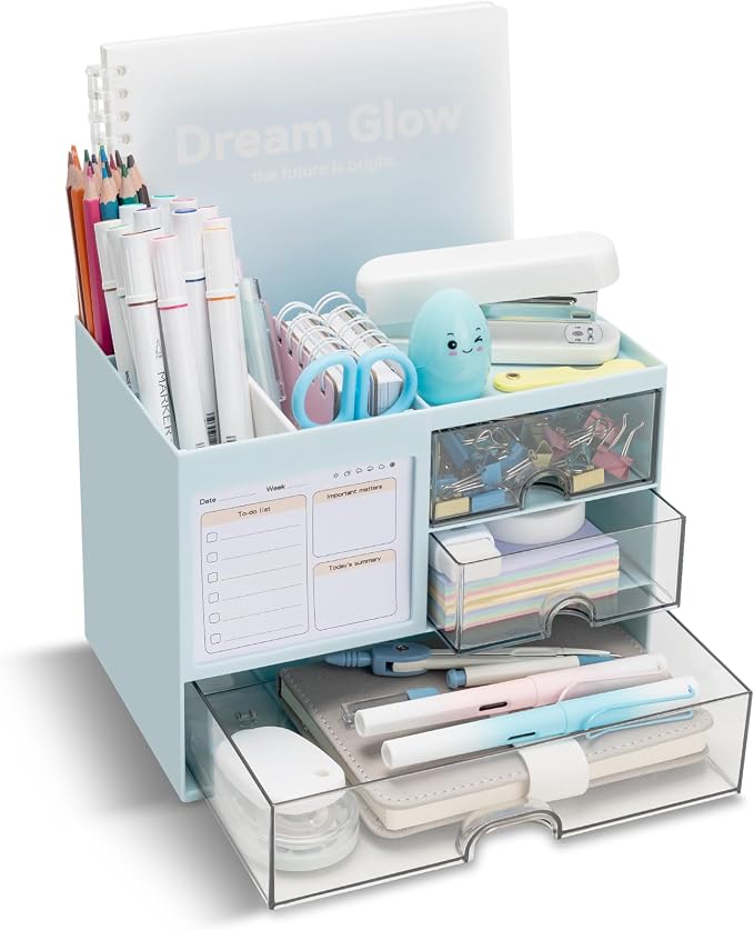 QIYVLOS Desk Organizer with 3 Drawer, Multi-Functional Pencil Pen Holder for Desk, Desk Organizers and Storage with 8 Compartments, Desktop Organizer for Office Home Art Supplies (Blue) by QIYVLOS