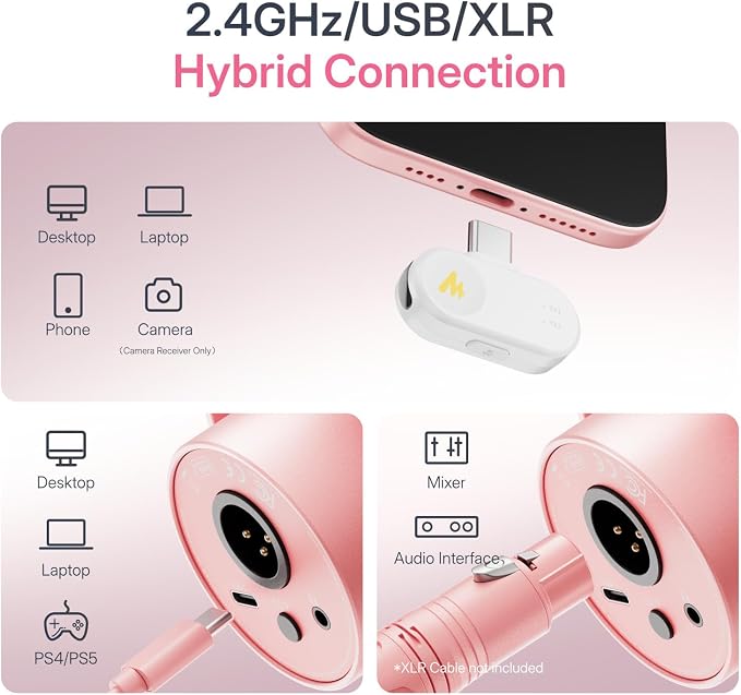MAONO PD200W Hybrid Wireless Podcast Microphone for PC, XLR USB Dynamic Mic | Boom Arm Kit with Software, Noise Cancellation, for Vocal Recording, Streaming, Content Creation, Home Studio, Pink - Image 3